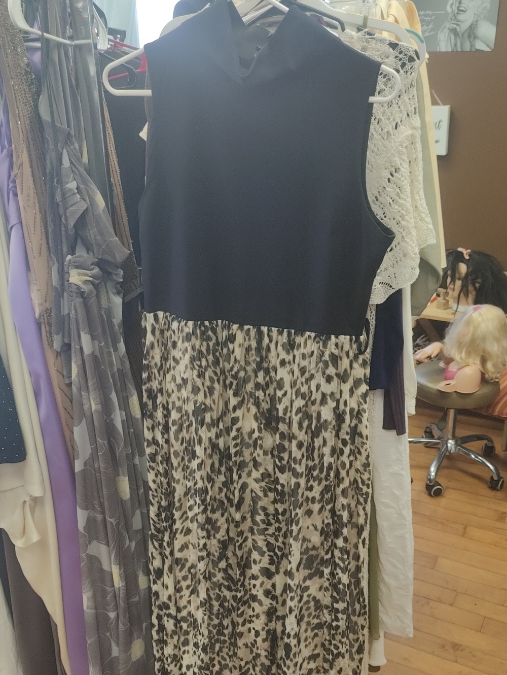 Zara Black Bodice Maxi Dress with Cream Leopard Skirt With Belt